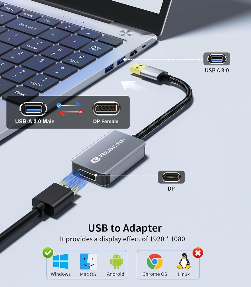 REBORN USB 3.0 to DisplayPort Adapter, 1080P@60Hz USB 3.0 Male to DisplayPort Female Multi-Display Cable Converter Suitable for MAC OS, Windows 7/8/10/11 - Image 2